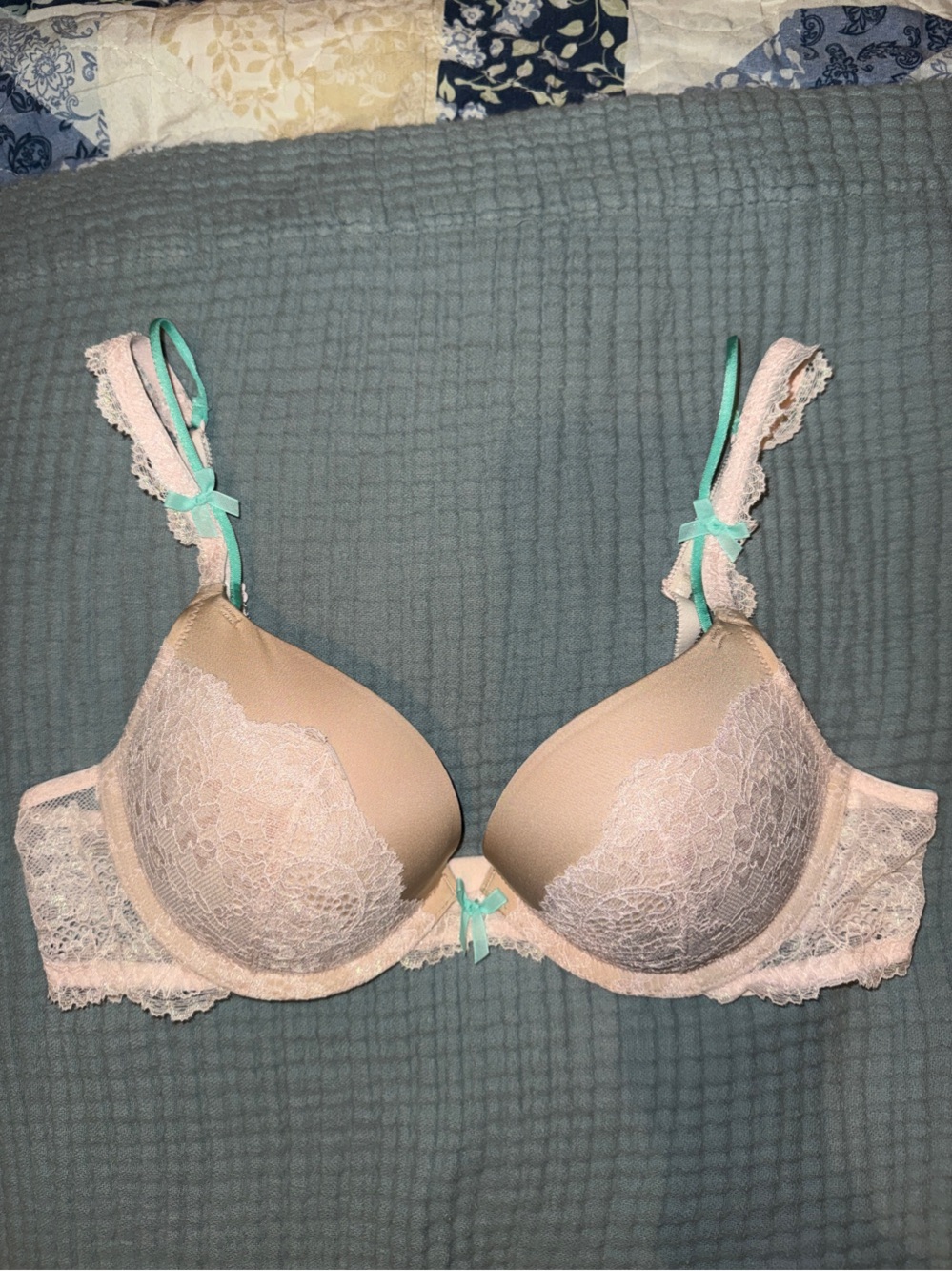 Victoria's Secret Nude Lace Push-Up Bra with Mint Straps
